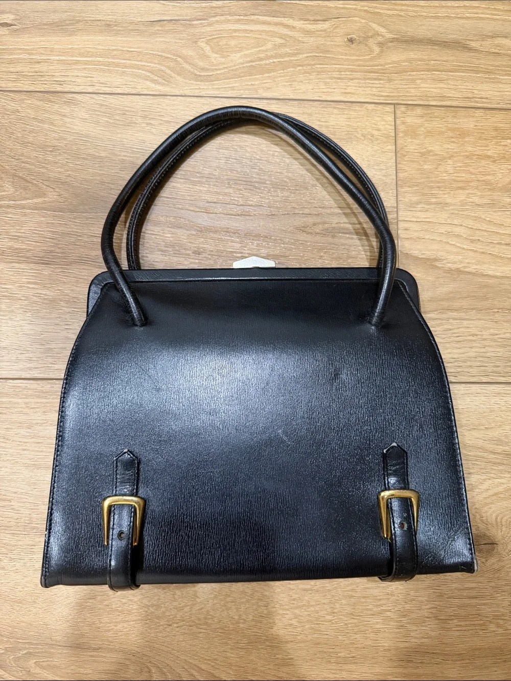 Vintage Black Leather Satchel with Gold Buckle Accents